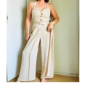 Vintage 90s Womens Formal Cocktail Jumpsuit Beige Nude Size 6  Statement Look